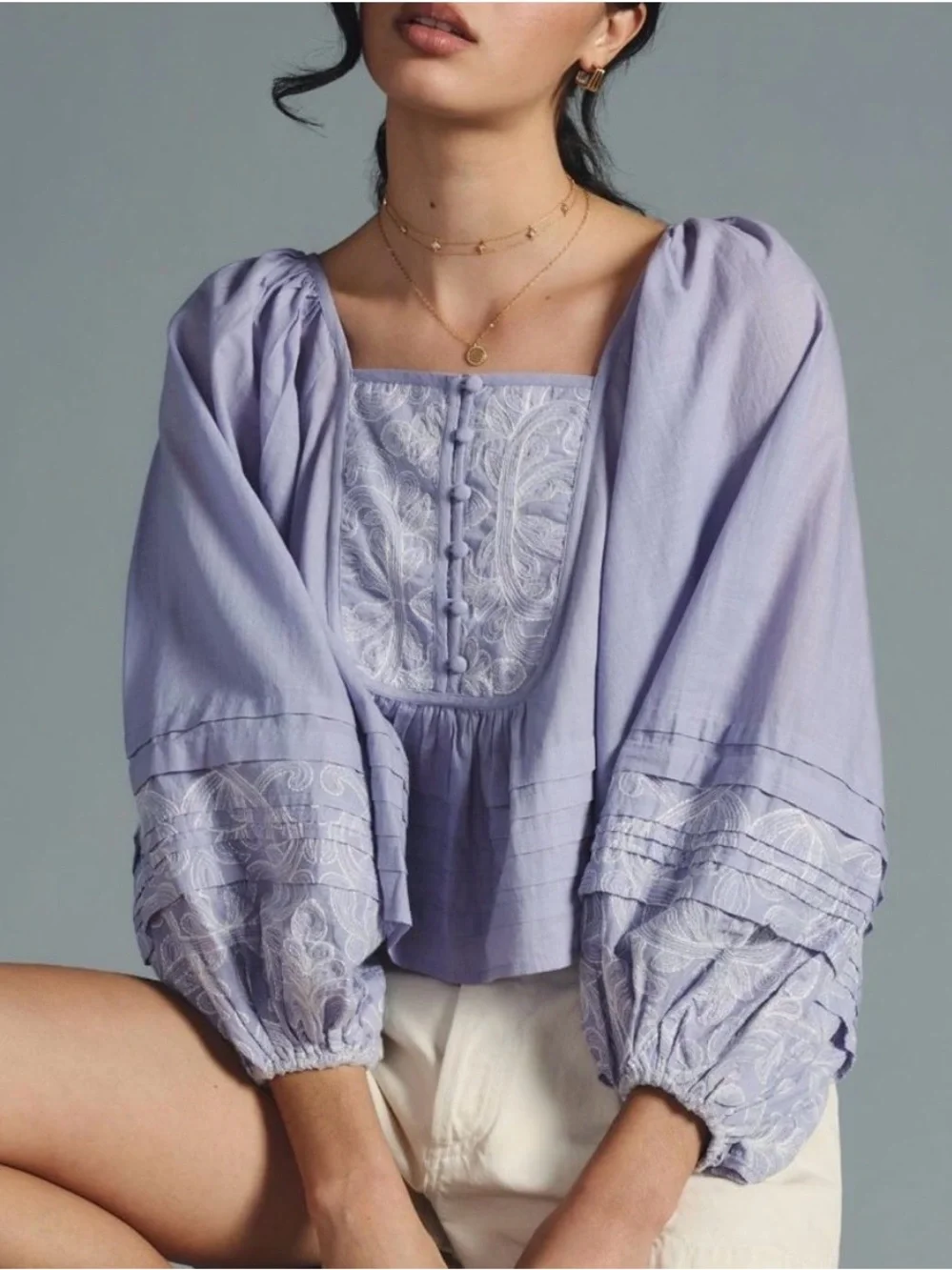 NWT Anthropologie Embroidered Lace Babydoll Blouse Small Periwinkle - Picture 2 of 7